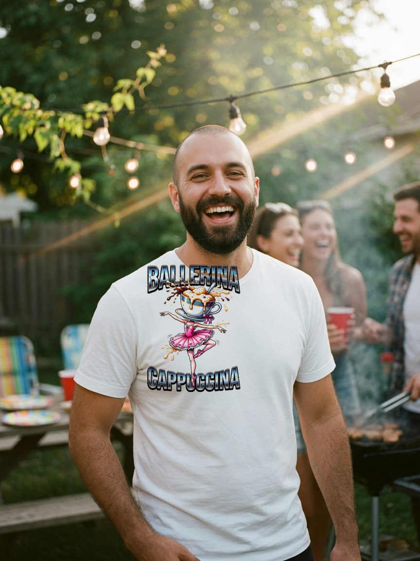 A real person wearing the Ballerina Cappuccina t-shirt at a backyard bbq