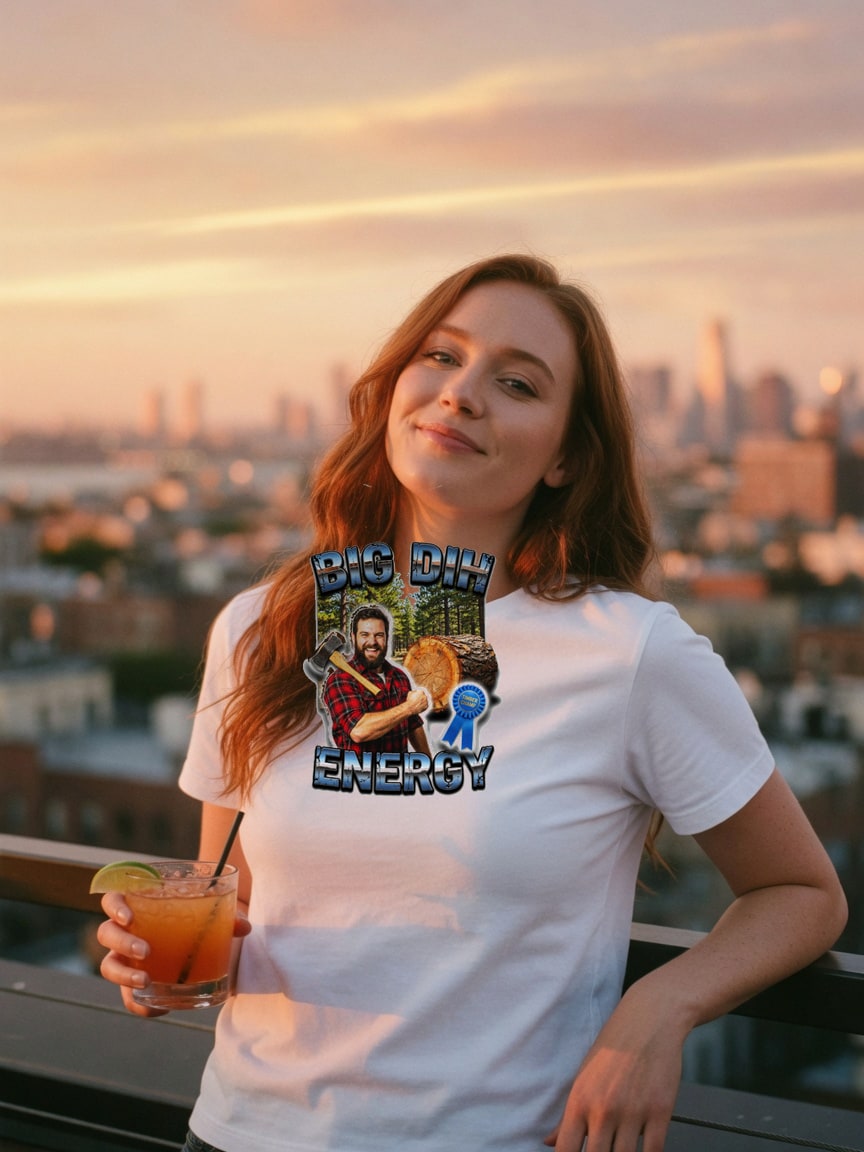 A real person wearing the Big Dih Energy t-shirt at a rooftop bar
