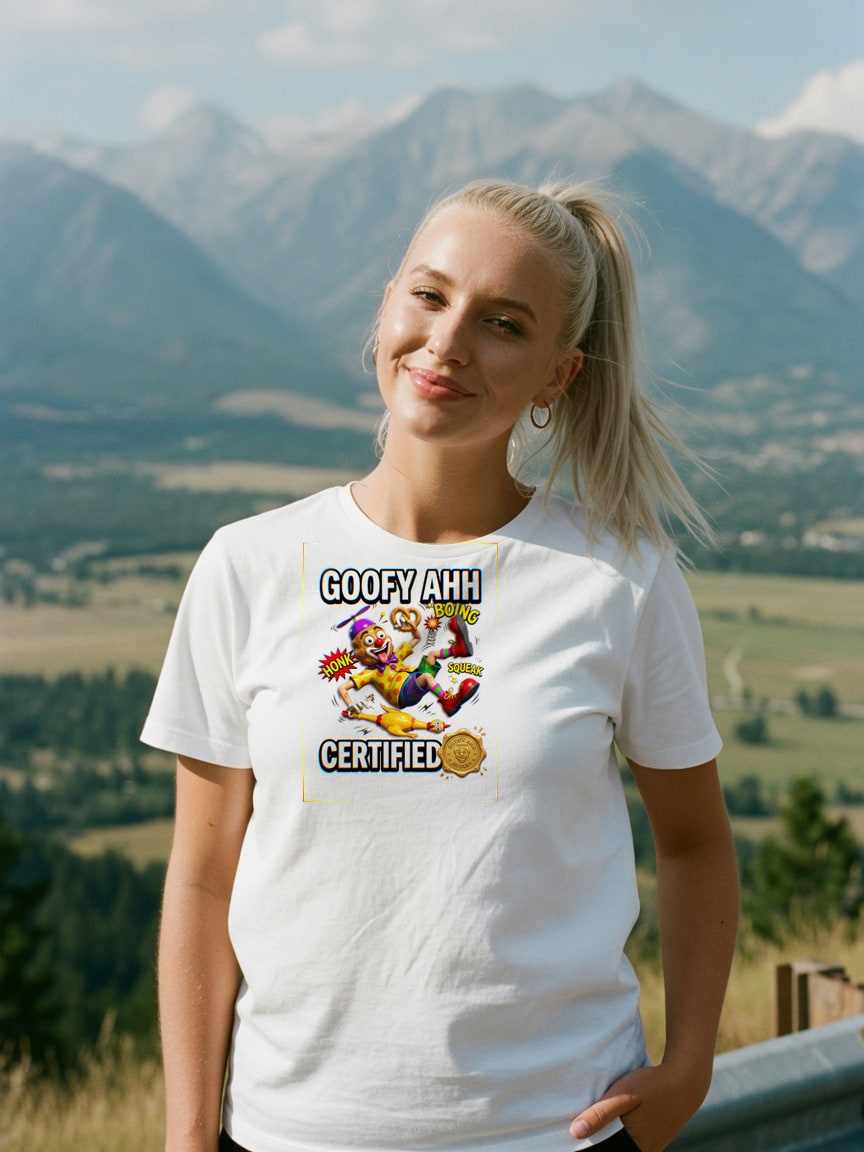 A real person wearing the Goofy Ahh t-shirt at a mountain overlook
