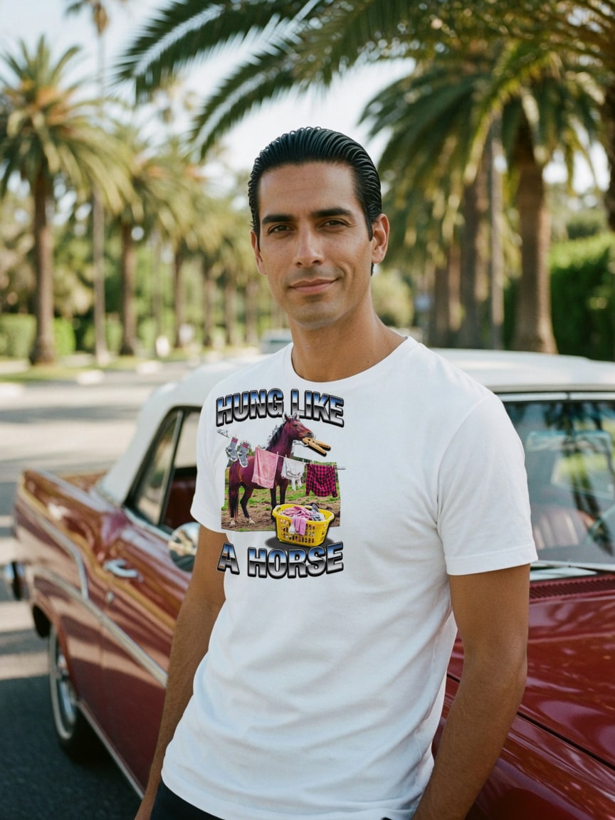 A real person wearing the Hung Like A Horse t-shirt at a sunset strip