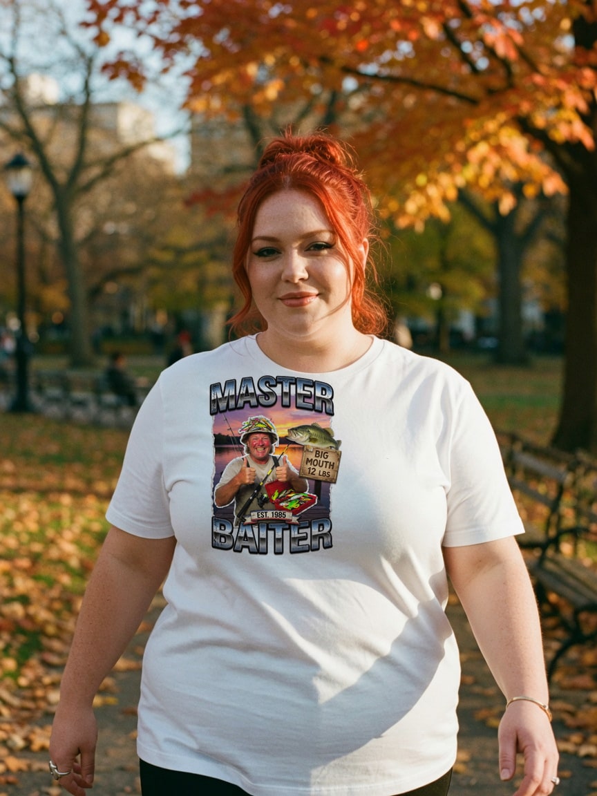 A real person wearing the Master Baiter t-shirt at a autumn park