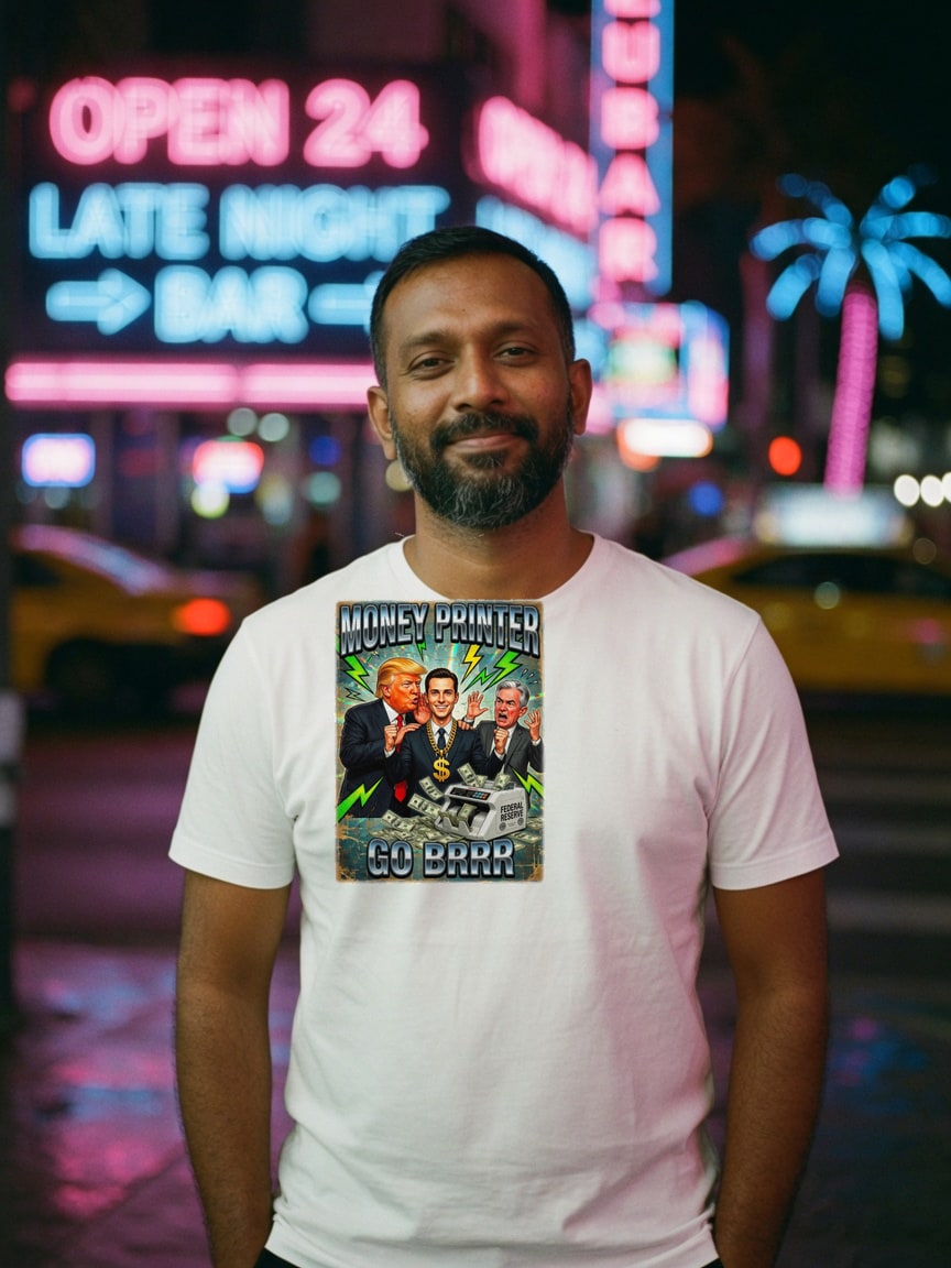 A real person wearing the Brrr Powell t-shirt at a neon district