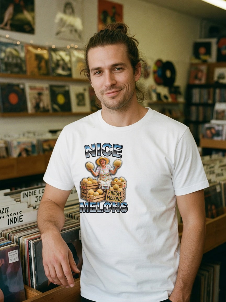 A real person wearing the Nice Melons t-shirt at a record store