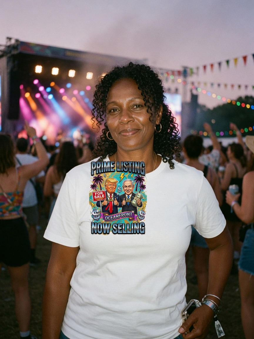 A real person wearing the Riviera Realty t-shirt at a music festival