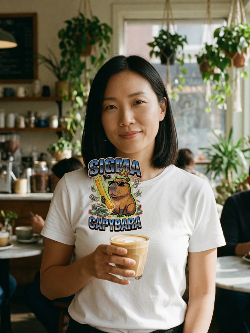 A real person wearing the Sigma Capybara t-shirt at a coffee shop