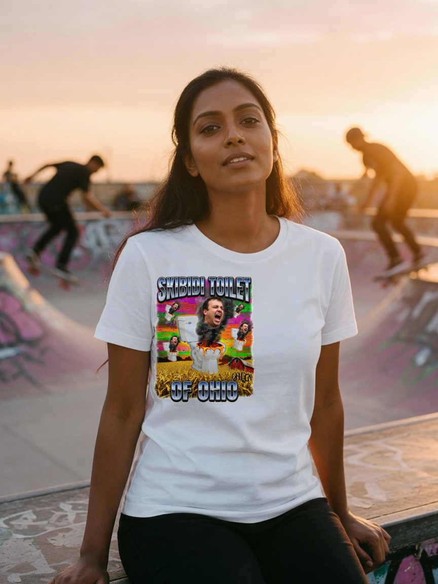 A real person wearing the Skibidi Toilet of Ohio t-shirt at a skate park