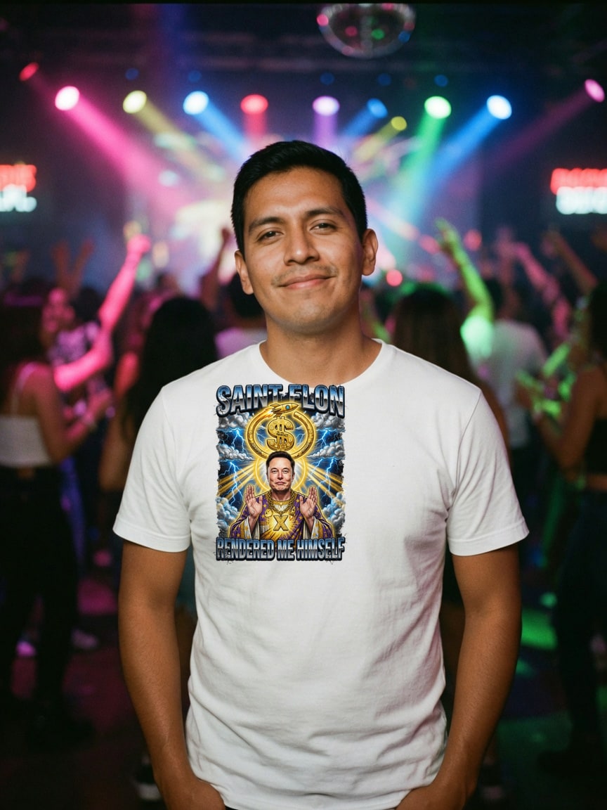A real person wearing the Saint Elon t-shirt at a nightclub