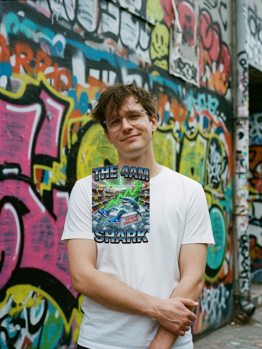 A real person wearing the The 4AM Shark t-shirt at a graffiti alley