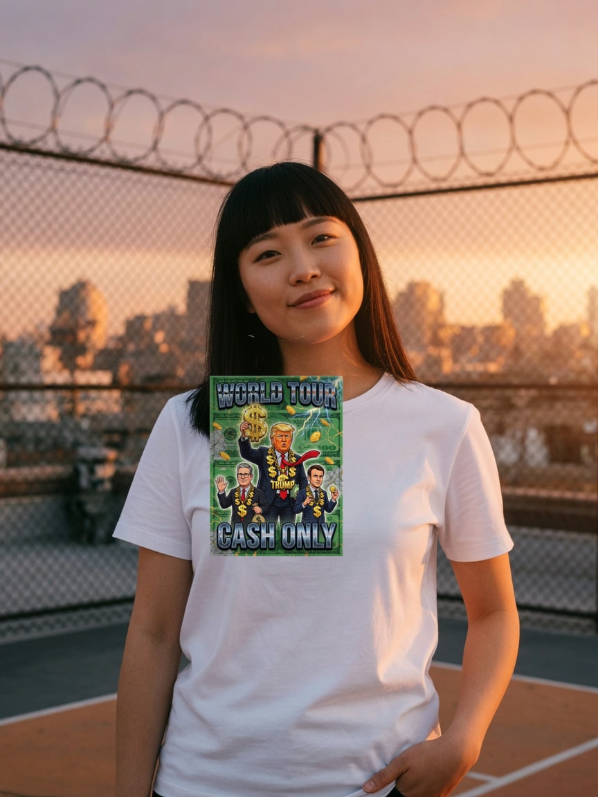 A real person wearing the G7 Cash Cartel t-shirt at a rooftop court