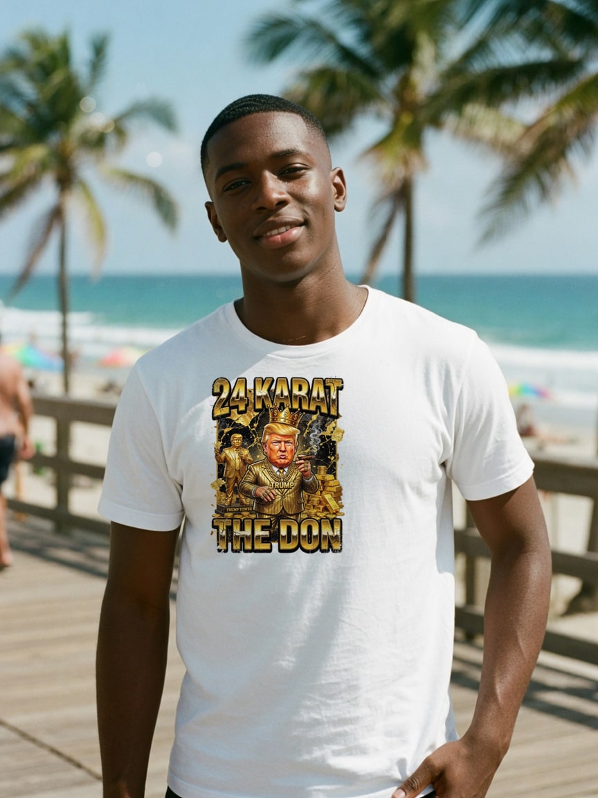 A real person wearing the 24 Karat Don t-shirt at a beach boardwalk