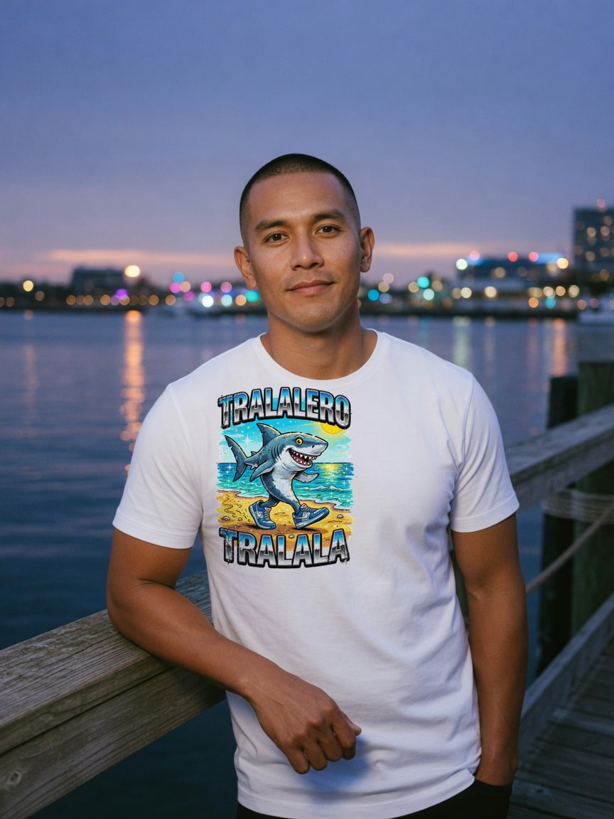 A real person wearing the Tralalero Tralala t-shirt at a city pier