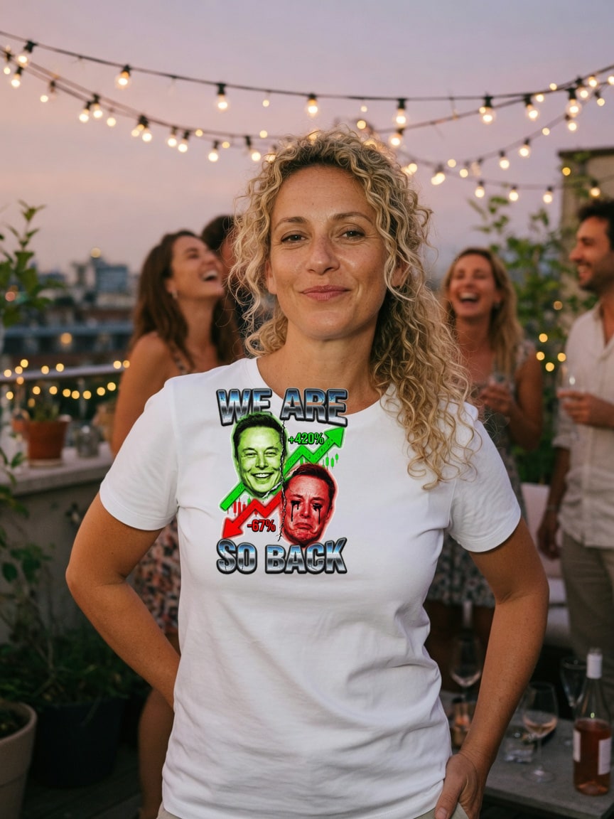 A real person wearing the We Are So Back t-shirt at a rooftop party
