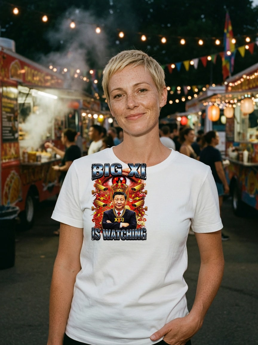 A real person wearing the Big Xi Is Watching t-shirt at a night market